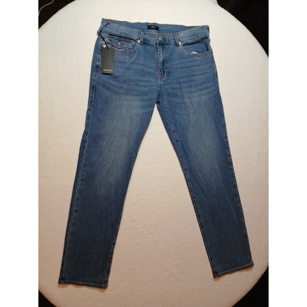 NWT True Religion Geno Big T Flap Slim Jeans Men 36x32 Light Pacific Wash $204